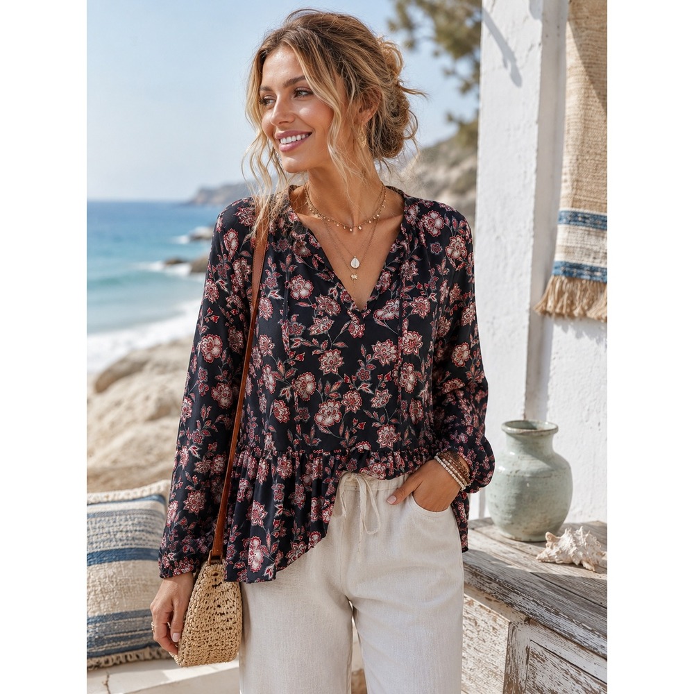 LOFT‎ Women Navy Floral Peplum Blouse Split V-Neck Tie Front Long Sleeve Sm boho